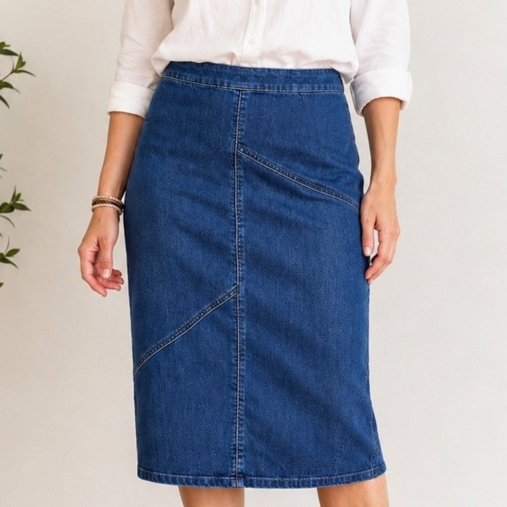 Christopher & Banks Denim Pencil Midi Skirt Women's 6 Blue Stretch Jean Skirt